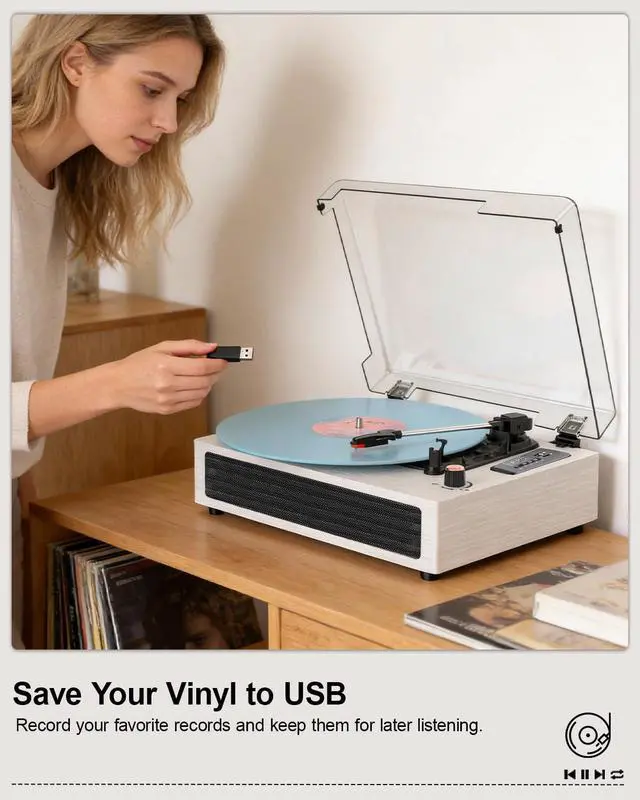 Alt view image 5 of 6 - Vinyl Record Player Bluetooth Turntable, 3-Speed Retro Vinyl Player with Built-in Speakers,AUX in, Auto Stop,USB Recording, Belt-Drive LP Player White