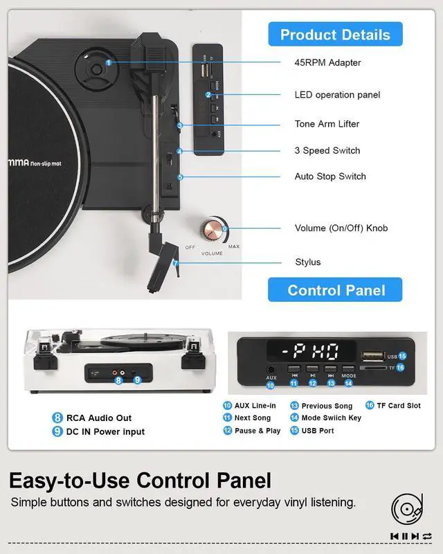 Alt view image 6 of 6 - Vinyl Record Player Bluetooth Turntable, 3-Speed Retro Vinyl Player with Built-in Speakers,AUX in, Auto Stop,USB Recording, Belt-Drive LP Player White