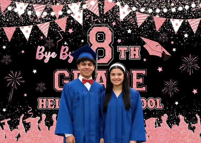 Alt view image 3 of 5 - Rose Gold Bye Bye 8th Grade Hello High School Backdrop 8x6ft | 8TH Grade Graduation Party Decorations Class of 2026 Photo Booth Props