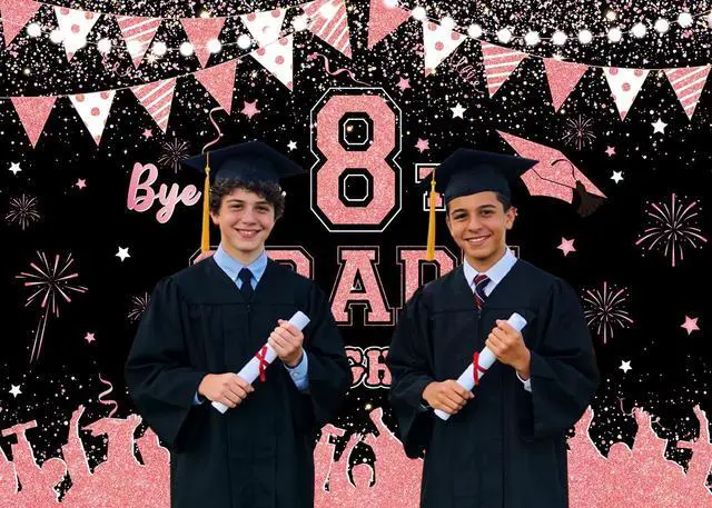 Alt view image 4 of 5 - Rose Gold Bye Bye 8th Grade Hello High School Backdrop 8x6ft | 8TH Grade Graduation Party Decorations Class of 2026 Photo Booth Props