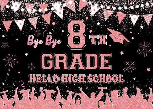 Alt view image 5 of 5 - Rose Gold Bye Bye 8th Grade Hello High School Backdrop 8x6ft | 8TH Grade Graduation Party Decorations Class of 2026 Photo Booth Props
