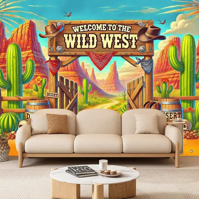 Alt view image 2 of 7 - Wild West Backdrop Desert Cactus Cowboy 8x6ft | Wild West Party Backdrop with Desert Cactus Cowboy for Cowboy Western Indoor Outdoor Photo Booth Decoration