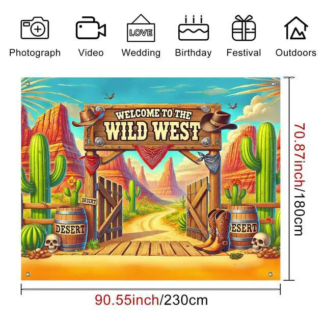 Alt view image 5 of 7 - Wild West Backdrop Desert Cactus Cowboy 8x6ft | Wild West Party Backdrop with Desert Cactus Cowboy for Cowboy Western Indoor Outdoor Photo Booth Decoration