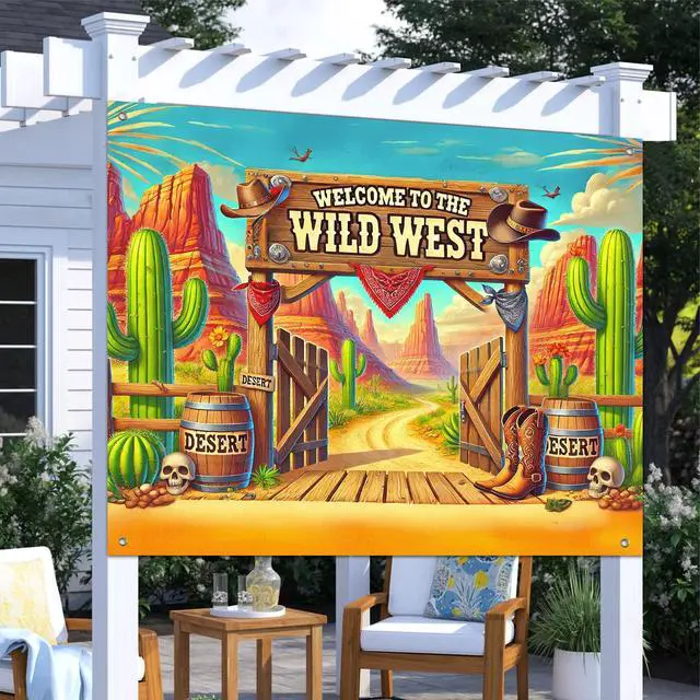 Alt view image 4 of 7 - Wild West Backdrop Desert Cactus Cowboy 8x6ft | Wild West Party Backdrop with Desert Cactus Cowboy for Cowboy Western Indoor Outdoor Photo Booth Decoration