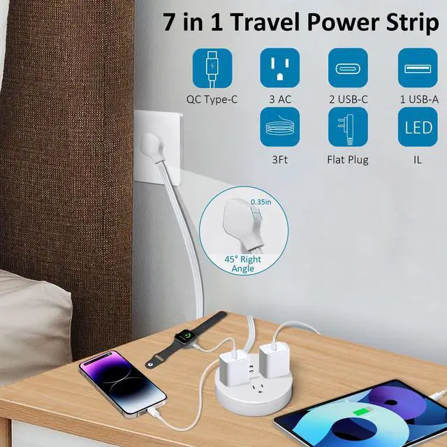Alt view image 5 of 6 - Travel Power Strip, Travel Essentials, Cruise Essentials, 3 AC Outlets, 3 USB Charging Ports (2 USB-C), Plus a Built-in USB-C Cable - for Travel/Cruise/Home/Dorm/Office