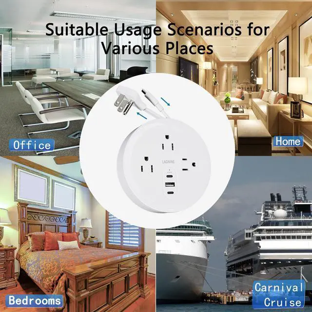 Alt view image 6 of 6 - Travel Power Strip, Travel Essentials, Cruise Essentials, 3 AC Outlets, 3 USB Charging Ports (2 USB-C), Plus a Built-in USB-C Cable - for Travel/Cruise/Home/Dorm/Office