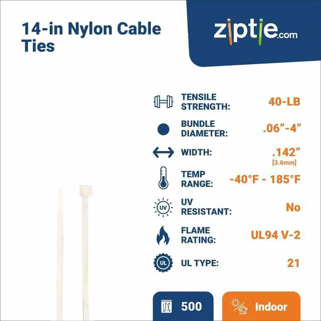 Alt view image 2 of 7 - 14-inch Natural Multi-Purpose Zip Tie, 40-lb Tensile Strength, UL 21 Listed, 500-Pack