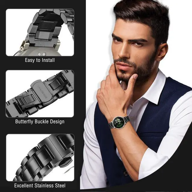 Alt view image 2 of 7 - 20mm Metal Band for Amazfit Active 3 Premium/Active 2 Square/Active2, Solid Stainless Steel Wristband, Strap Exquisite Replacement Band for Amazfit Cheetah 2 Pro/Cheetah Square - Black