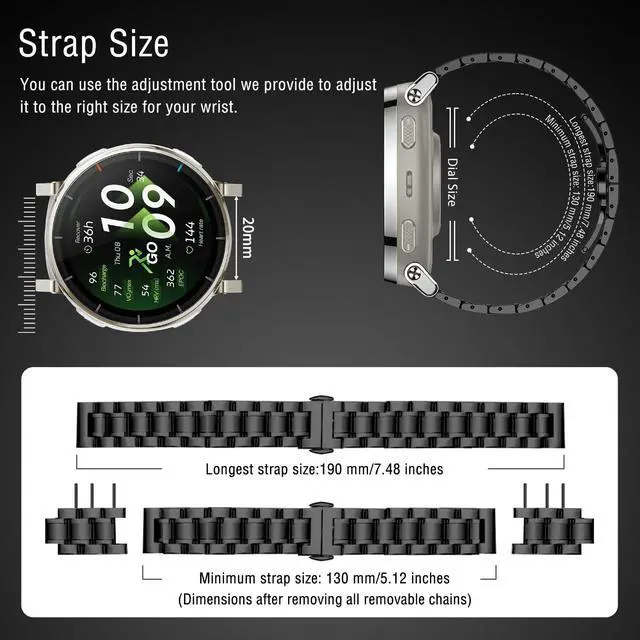 Alt view image 4 of 7 - 20mm Metal Band for Amazfit Active 3 Premium/Active 2 Square/Active2, Solid Stainless Steel Wristband, Strap Exquisite Replacement Band for Amazfit Cheetah 2 Pro/Cheetah Square - Black