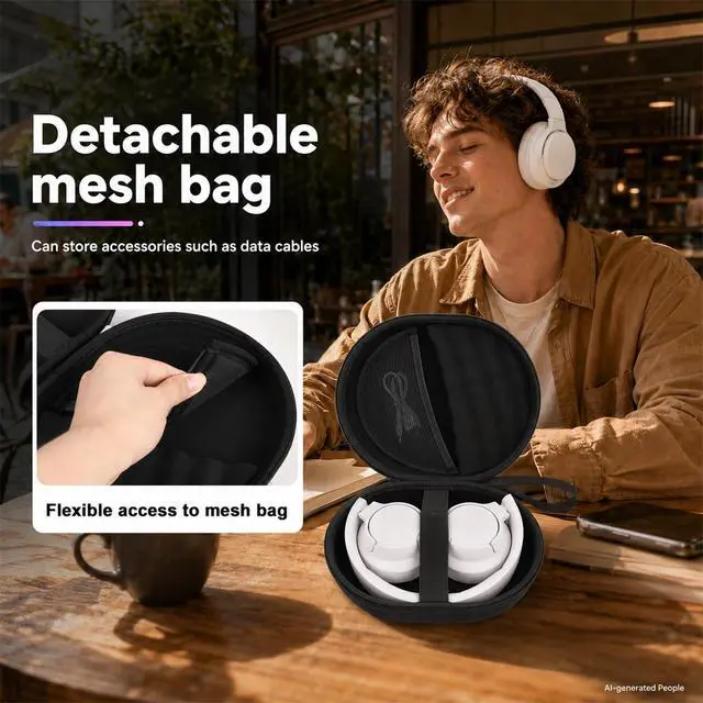 Alt view image 4 of 7 - Hard Headphone Case for JBL Tune 770NC/510BT/720BT/520BT/670NC | Wave Foam, Elastic Strap, Soft Lining, Mesh Pocket, Carry Handle, Folded Headphone Storage, Black, Case Only