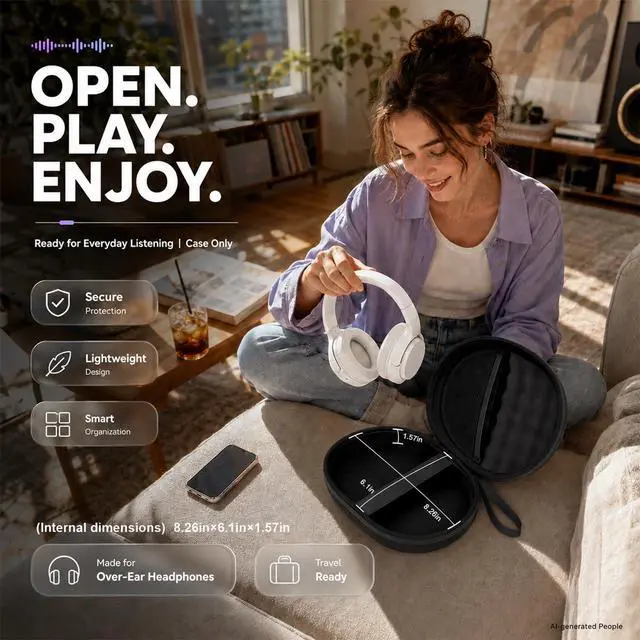 Alt view image 6 of 7 - Hard Headphone Case for JBL Tune 770NC/510BT/720BT/520BT/670NC | Wave Foam, Elastic Strap, Soft Lining, Mesh Pocket, Carry Handle, Folded Headphone Storage, Black, Case Only