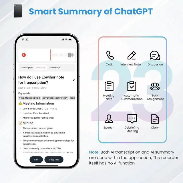 Alt view image 3 of 6 - AI Voice Recorder, Transcribe & Summary Voice Recorder with Playback, Digital Voice Recorder Supporting Real-Time Translation in 59 Languages, Audio Recorder for Lectures, Meetings, 64GB Memory