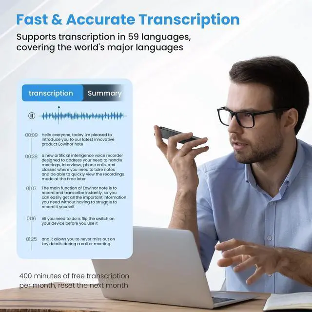 Alt view image 2 of 6 - AI Voice Recorder, Transcribe & Summary Voice Recorder with Playback, Digital Voice Recorder Supporting Real-Time Translation in 59 Languages, Audio Recorder for Lectures, Meetings, 64GB Memory