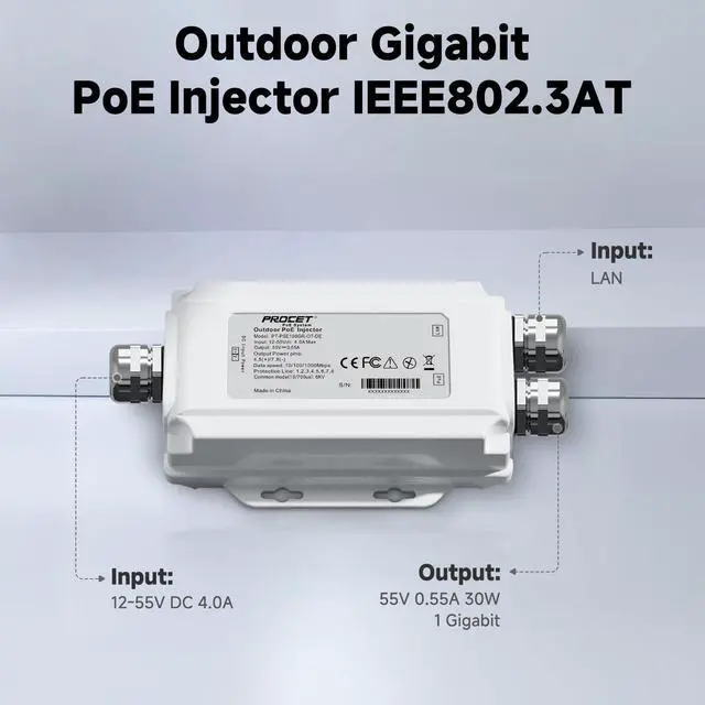 Alt view image 2 of 6 - PROCET Gigabit PoE Injector 30W Outdoor IEEE802.3AT, 6KV Surge Protection, Aluminum Alloy IP67 Waterproof, Wide Temp -40 to 149 for Unifi E7, Sisco Wireless AP, PTZ AI Camera, Micro Wave Radio