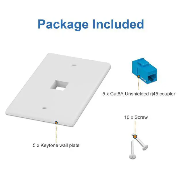 Alt view image 7 of 7 - 5-Pack Cat6A Ethernet Wall Plate, 1-Port RJ45 Wall Plate, Blue | 1-Port Keystone Wall Plates with Cat 6A Coupler 10Gbit/s, Female to Female Cat6a Wall Plate, Cat6a/Cat6/5e, PoE