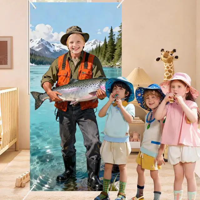 Alt view image 4 of 6 - Fisherman Photo Booth Prop Door Banner - Face-in-Hole Fishing Theme Party Backdrop, Realistic Lake & Mountain Catch of the Day Selfie Station, Door Cover for Men's Birthday & Retirement 35x73 Inch