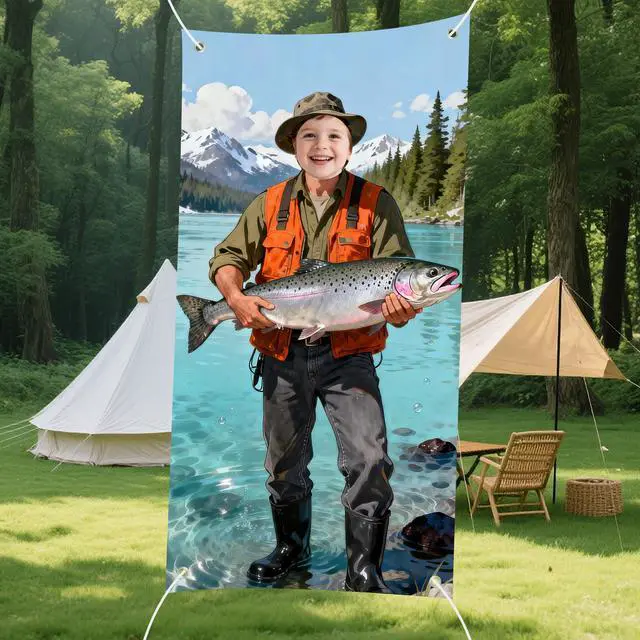 Alt view image 2 of 6 - Fisherman Photo Booth Prop Door Banner - Face-in-Hole Fishing Theme Party Backdrop, Realistic Lake & Mountain Catch of the Day Selfie Station, Door Cover for Men's Birthday & Retirement 35x73 Inch