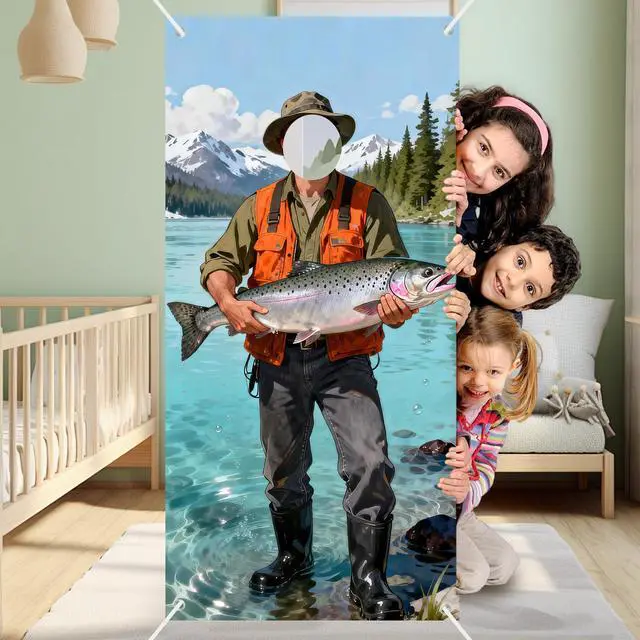 Alt view image 3 of 6 - Fisherman Photo Booth Prop Door Banner - Face-in-Hole Fishing Theme Party Backdrop, Realistic Lake & Mountain Catch of the Day Selfie Station, Door Cover for Men's Birthday & Retirement 35x73 Inch