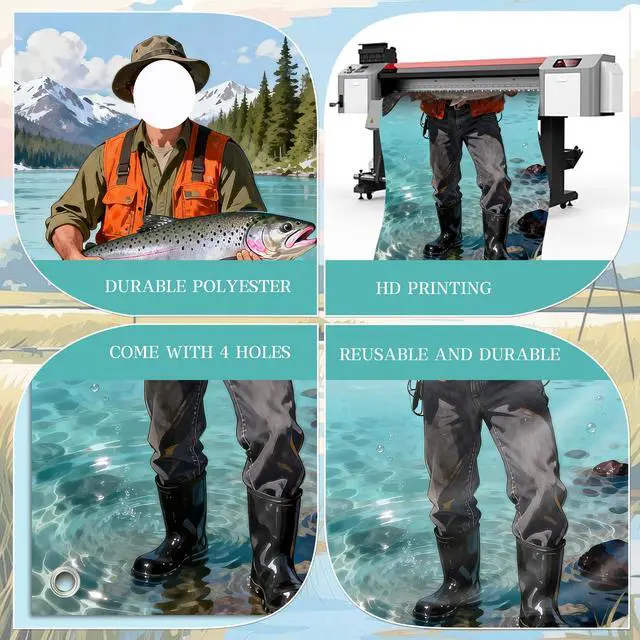 Alt view image 5 of 6 - Fisherman Photo Booth Prop Door Banner - Face-in-Hole Fishing Theme Party Backdrop, Realistic Lake & Mountain Catch of the Day Selfie Station, Door Cover for Men's Birthday & Retirement 35x73 Inch