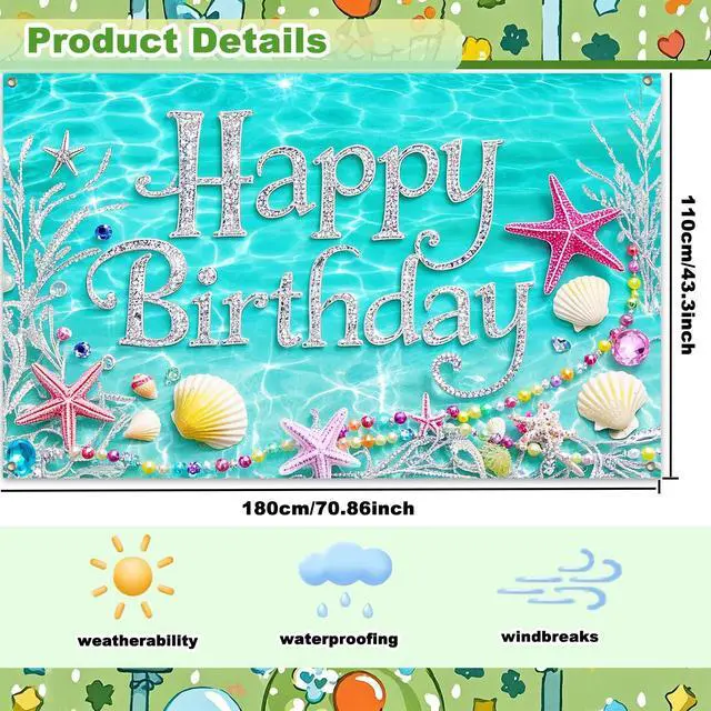Alt view image 3 of 6 - Happy Birthday Backdrop Banner 71x43 Inch Aqua Blue Ocean Theme Birthday Party Decorations Photography Background Photo Booth Props for Women Girls