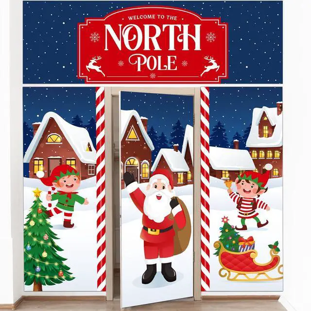 Main image of 4 Pcs 98 Inch Gingerbread Door Cover Santa Claus and Elves | Christmas Peppermint Candy Design, Holiday Party Classroom Backdrop, Includes Gingerbread House Santa Wreath Cane