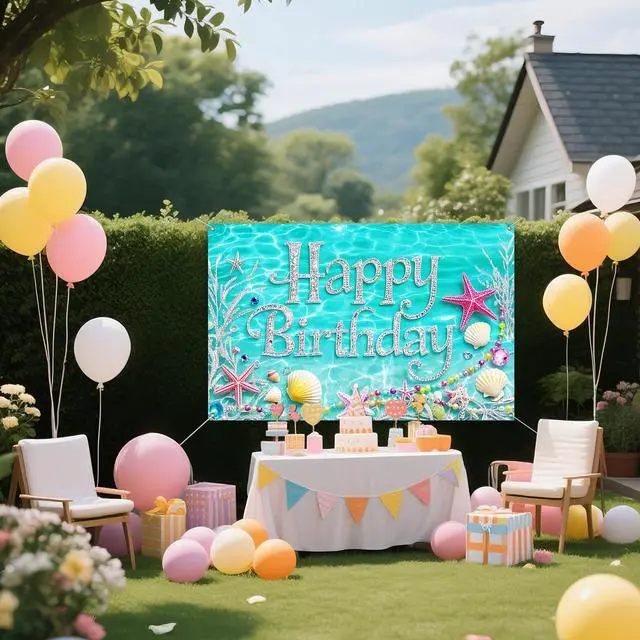 Alt view image 4 of 6 - Happy Birthday Backdrop Banner 71x43 Inch Aqua Blue Ocean Theme Birthday Party Decorations Photography Background Photo Booth Props for Women Girls
