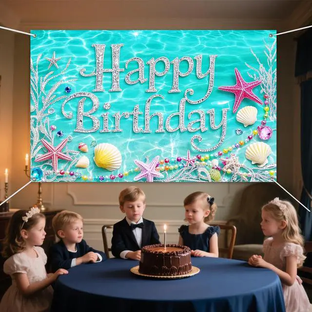 Alt view image 2 of 6 - Happy Birthday Backdrop Banner 71x43 Inch Aqua Blue Ocean Theme Birthday Party Decorations Photography Background Photo Booth Props for Women Girls