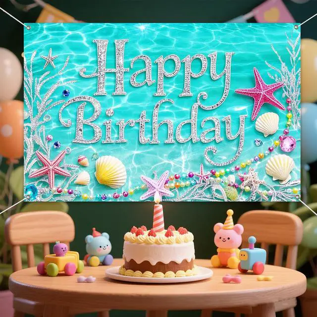 Alt view image 5 of 6 - Happy Birthday Backdrop Banner 71x43 Inch Aqua Blue Ocean Theme Birthday Party Decorations Photography Background Photo Booth Props for Women Girls