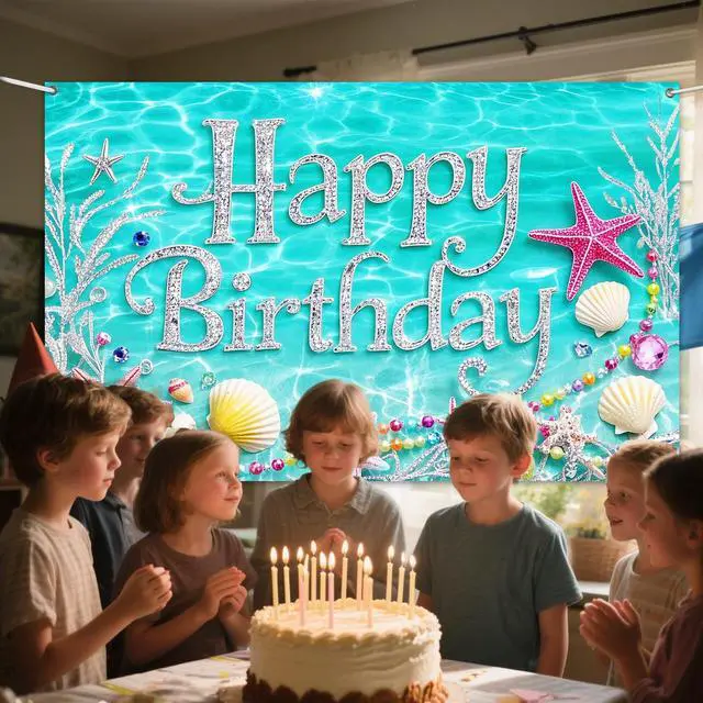 Alt view image 6 of 6 - Happy Birthday Backdrop Banner 71x43 Inch Aqua Blue Ocean Theme Birthday Party Decorations Photography Background Photo Booth Props for Women Girls