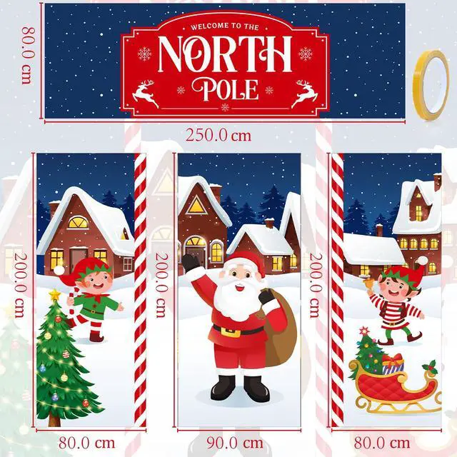 Alt view image 2 of 6 - 4 Pcs 98 Inch Gingerbread Door Cover Santa Claus and Elves | Christmas Peppermint Candy Design, Holiday Party Classroom Backdrop, Includes Gingerbread House Santa Wreath Cane
