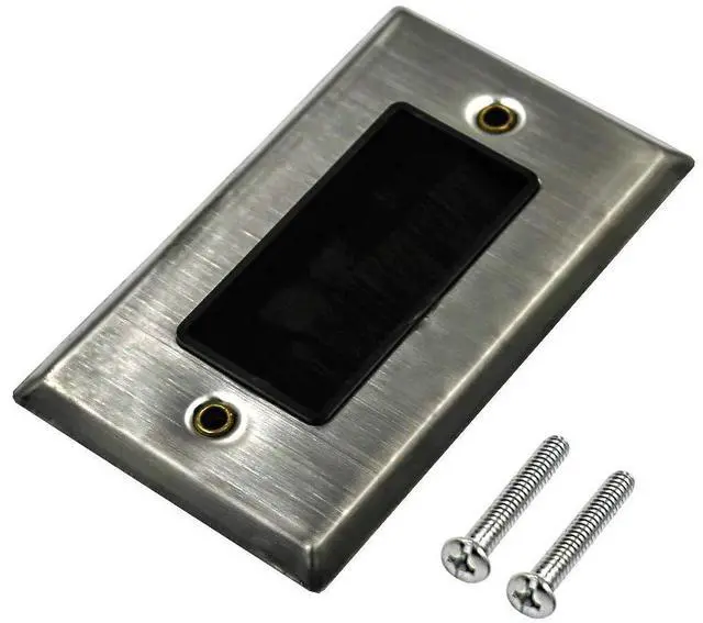 Main image of Wall Plate Brush Cable Pass Through Single Gang Stainless | This stainless steel single-gang brush wall plate organizes cable pass-through for HDTV systems