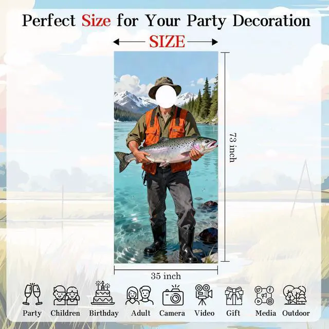Alt view image 6 of 6 - Fisherman Photo Booth Prop Door Banner - Face-in-Hole Fishing Theme Party Backdrop, Realistic Lake & Mountain Catch of the Day Selfie Station, Door Cover for Men's Birthday & Retirement 35x73 Inch