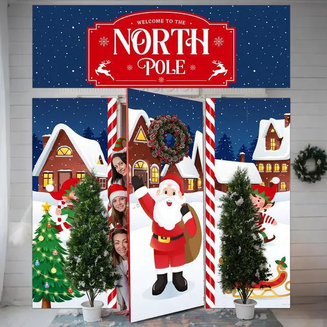 Alt view image 3 of 6 - 4 Pcs 98 Inch Gingerbread Door Cover Santa Claus and Elves | Christmas Peppermint Candy Design, Holiday Party Classroom Backdrop, Includes Gingerbread House Santa Wreath Cane