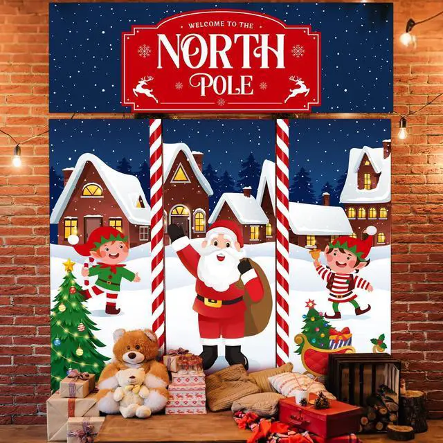 Alt view image 4 of 6 - 4 Pcs 98 Inch Gingerbread Door Cover Santa Claus and Elves | Christmas Peppermint Candy Design, Holiday Party Classroom Backdrop, Includes Gingerbread House Santa Wreath Cane