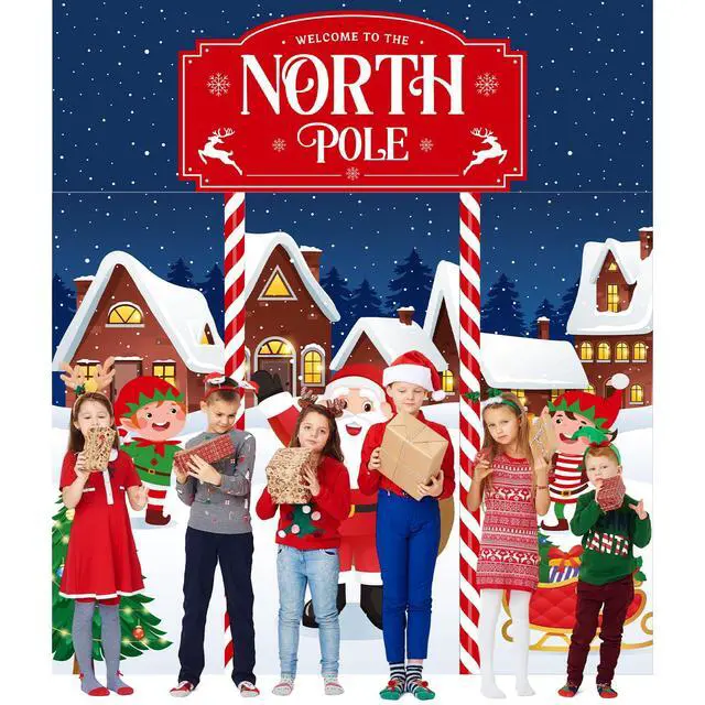 Alt view image 5 of 6 - 4 Pcs 98 Inch Gingerbread Door Cover Santa Claus and Elves | Christmas Peppermint Candy Design, Holiday Party Classroom Backdrop, Includes Gingerbread House Santa Wreath Cane