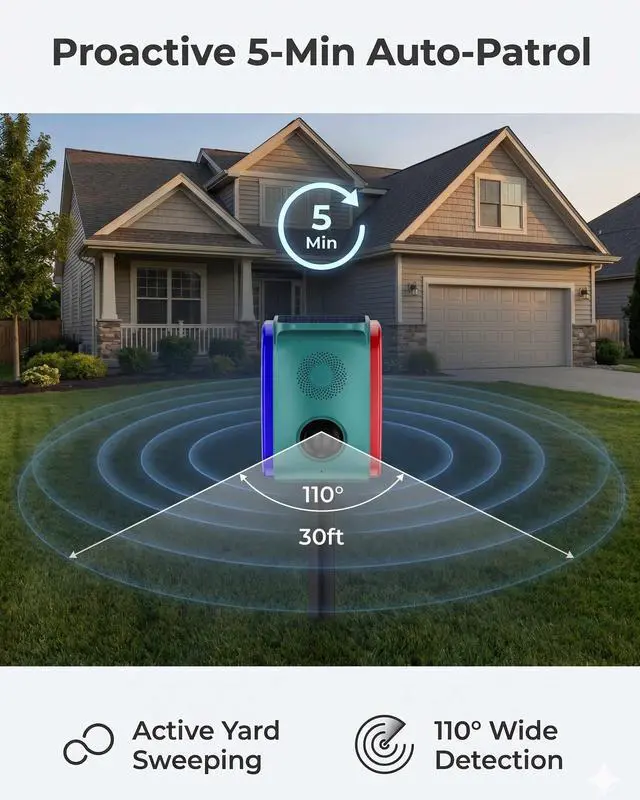 Alt view image 4 of 7 - Solar Motion Sensor Alarm, Motion Activated Deer Bear Deterrent | Voice Customization, 20 Sounds With Dog Barking, Red & Blue Strobe, 5 Smart Modes, Auto-Patrol For Farm, Barn, Orchard