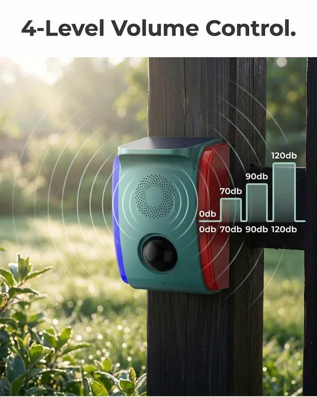 Alt view image 6 of 7 - Solar Motion Sensor Alarm, Motion Activated Deer Bear Deterrent | Voice Customization, 20 Sounds With Dog Barking, Red & Blue Strobe, 5 Smart Modes, Auto-Patrol For Farm, Barn, Orchard