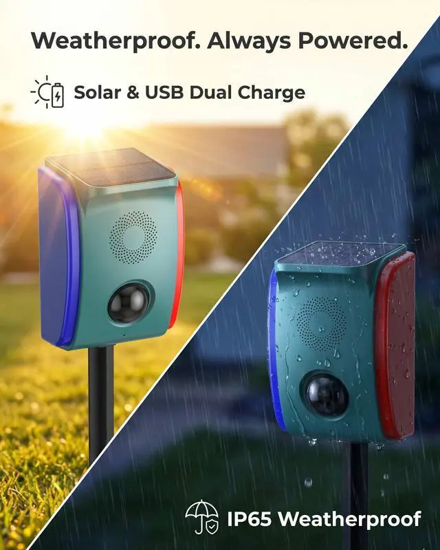 Alt view image 7 of 7 - Solar Motion Sensor Alarm, Motion Activated Deer Bear Deterrent | Voice Customization, 20 Sounds With Dog Barking, Red & Blue Strobe, 5 Smart Modes, Auto-Patrol For Farm, Barn, Orchard
