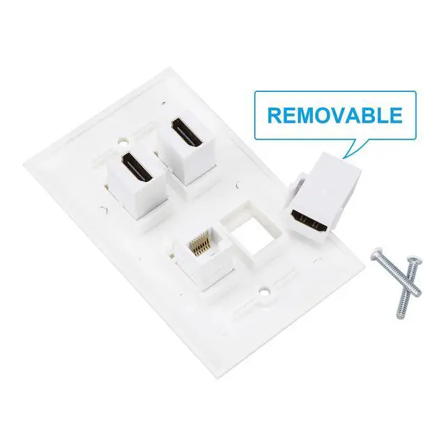 Alt view image 3 of 4 - HDMI Wall Plate 4 Port, Cat6 Ethernet Wallplate, White | HDMI 2.0, Decorative Wall Outlet, Female to Female, For HDTV