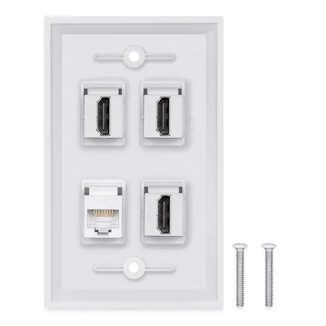 Alt view image 2 of 4 - HDMI Wall Plate 4 Port, Cat6 Ethernet Wallplate, White | HDMI 2.0, Decorative Wall Outlet, Female to Female, For HDTV