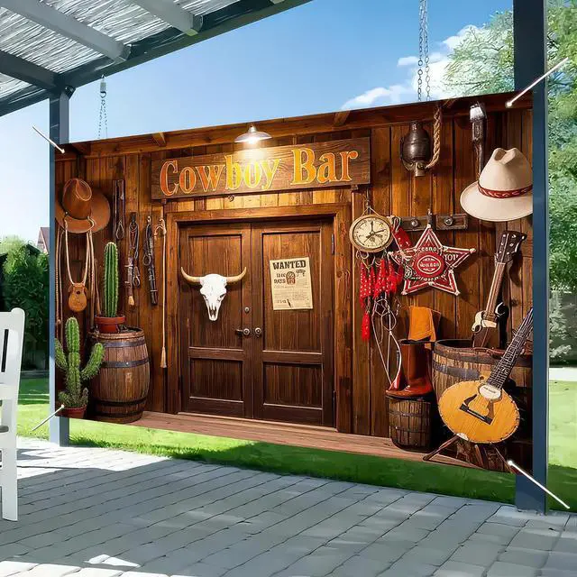 Main image of Cowboy Birthday Backdrop 71x43 in Birthday Party Decor | Birthday Backdrop and Celebration Banner for Party, Photo Booth and Cake Table, Wooden House Barn Adults Design