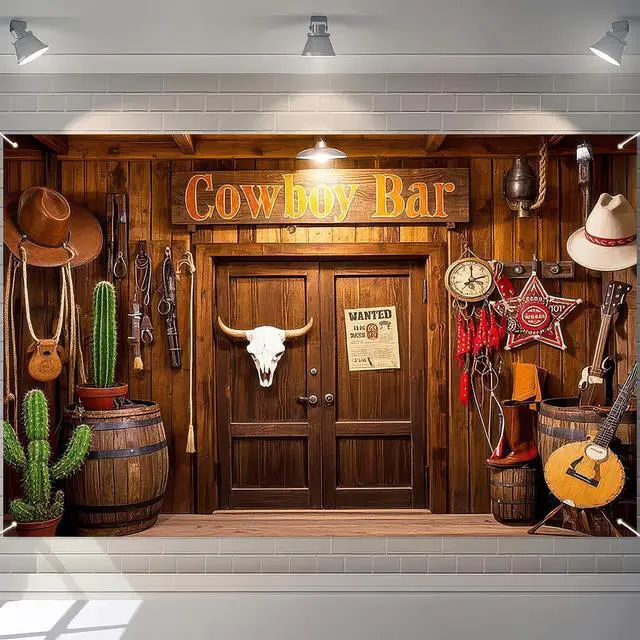 Alt view image 2 of 7 - Cowboy Birthday Backdrop 71x43 in Birthday Party Decor | Birthday Backdrop and Celebration Banner for Party, Photo Booth and Cake Table, Wooden House Barn Adults Design