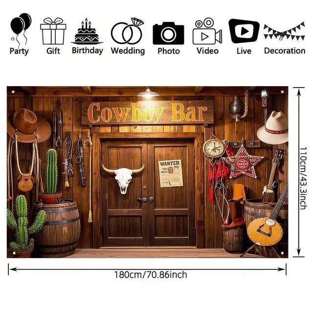 Alt view image 3 of 7 - Cowboy Birthday Backdrop 71x43 in Birthday Party Decor | Birthday Backdrop and Celebration Banner for Party, Photo Booth and Cake Table, Wooden House Barn Adults Design