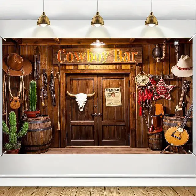 Alt view image 4 of 7 - Cowboy Birthday Backdrop 71x43 in Birthday Party Decor | Birthday Backdrop and Celebration Banner for Party, Photo Booth and Cake Table, Wooden House Barn Adults Design