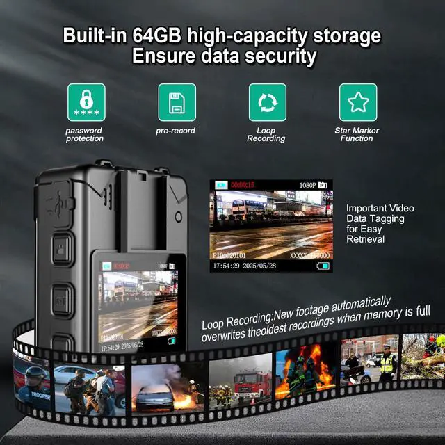 Alt view image 4 of 6 - 1440P 2K Body Camera, 64GB,14H Battery, 2.0" LCD, USB-C,Night Vision, Waterproof Shockproof Lightweight Data-encrypt Body Cam for Law Enforcement
