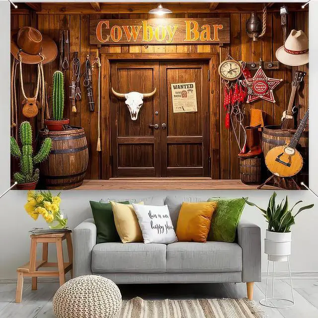 Alt view image 5 of 7 - Cowboy Birthday Backdrop 71x43 in Birthday Party Decor | Birthday Backdrop and Celebration Banner for Party, Photo Booth and Cake Table, Wooden House Barn Adults Design