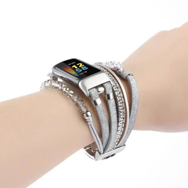 Alt view image 4 of 7 - Boho Leather Bands Compatible with Fitbit Charge 6/Fitbit Charge 5, Handmade Multilayer Wrap Replacement Beaded Wristband Bracelets Strap for Women Men