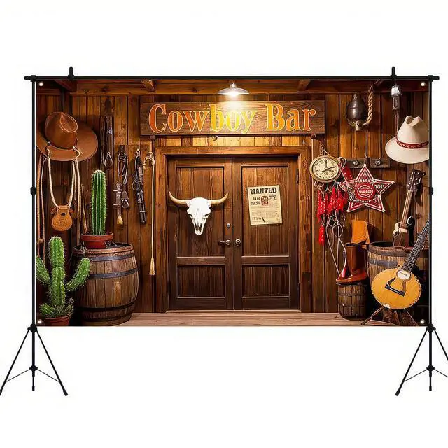 Alt view image 7 of 7 - Cowboy Birthday Backdrop 71x43 in Birthday Party Decor | Birthday Backdrop and Celebration Banner for Party, Photo Booth and Cake Table, Wooden House Barn Adults Design