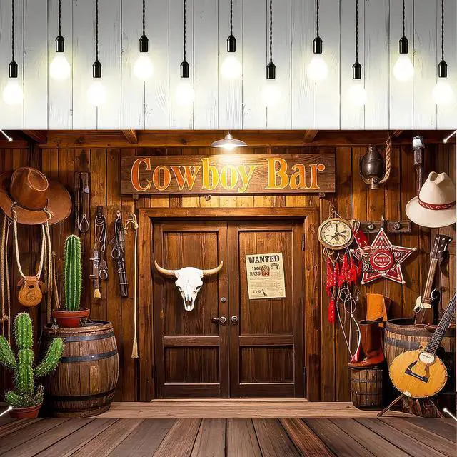 Alt view image 6 of 7 - Cowboy Birthday Backdrop 71x43 in Birthday Party Decor | Birthday Backdrop and Celebration Banner for Party, Photo Booth and Cake Table, Wooden House Barn Adults Design