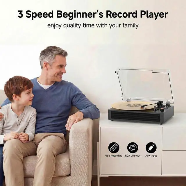 Alt view image 2 of 6 - Bluetooth Turntable Vinyl Record Player, 3-Speed Record Player with Built-in Speakers,USB Recording, AUX in Auto Stop, Belt-Drive LP Player Grey